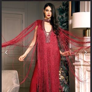 Elegant Red Long Sleeve Dress with Fringe